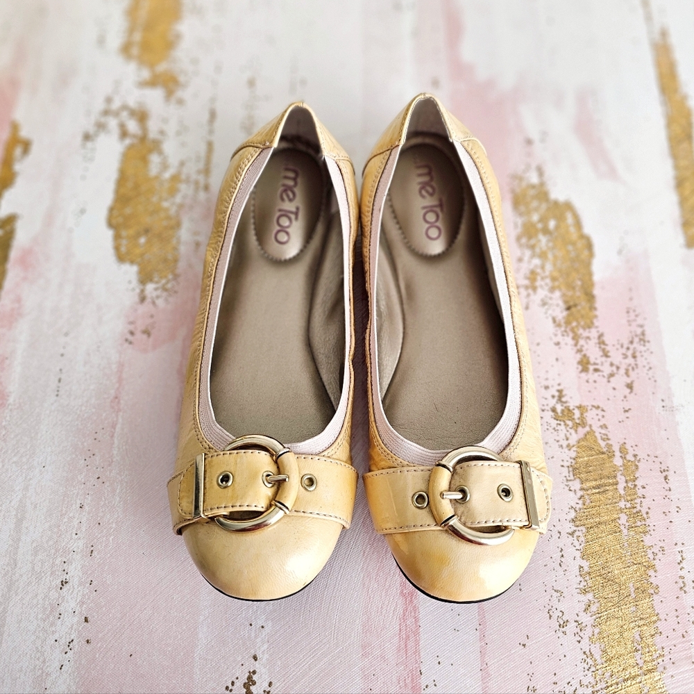 ME TOO Rascal 2 Patent Leather Soft Yellow Ballet Flats Gold Buckle, Size 7.5